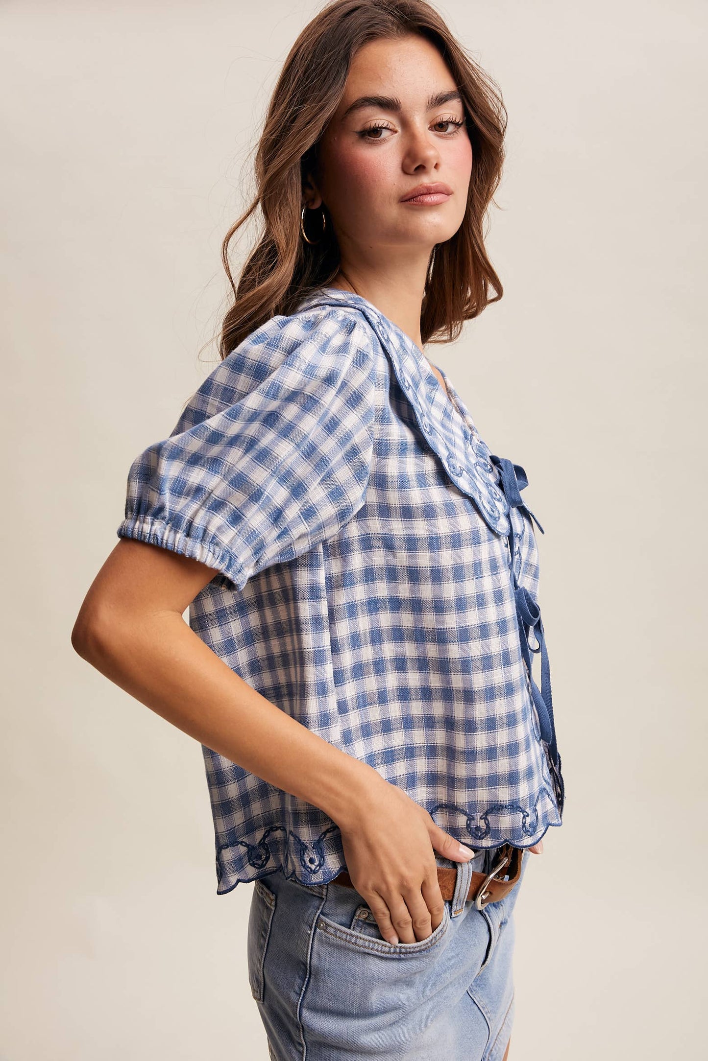 Gingham Embroidered Tie-Front Blouse