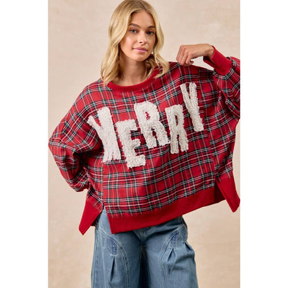 Merry Letter Patches Plaid Sweatshirt