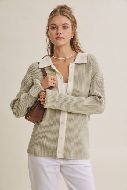 Contrast Collar Ribbed Cardigan