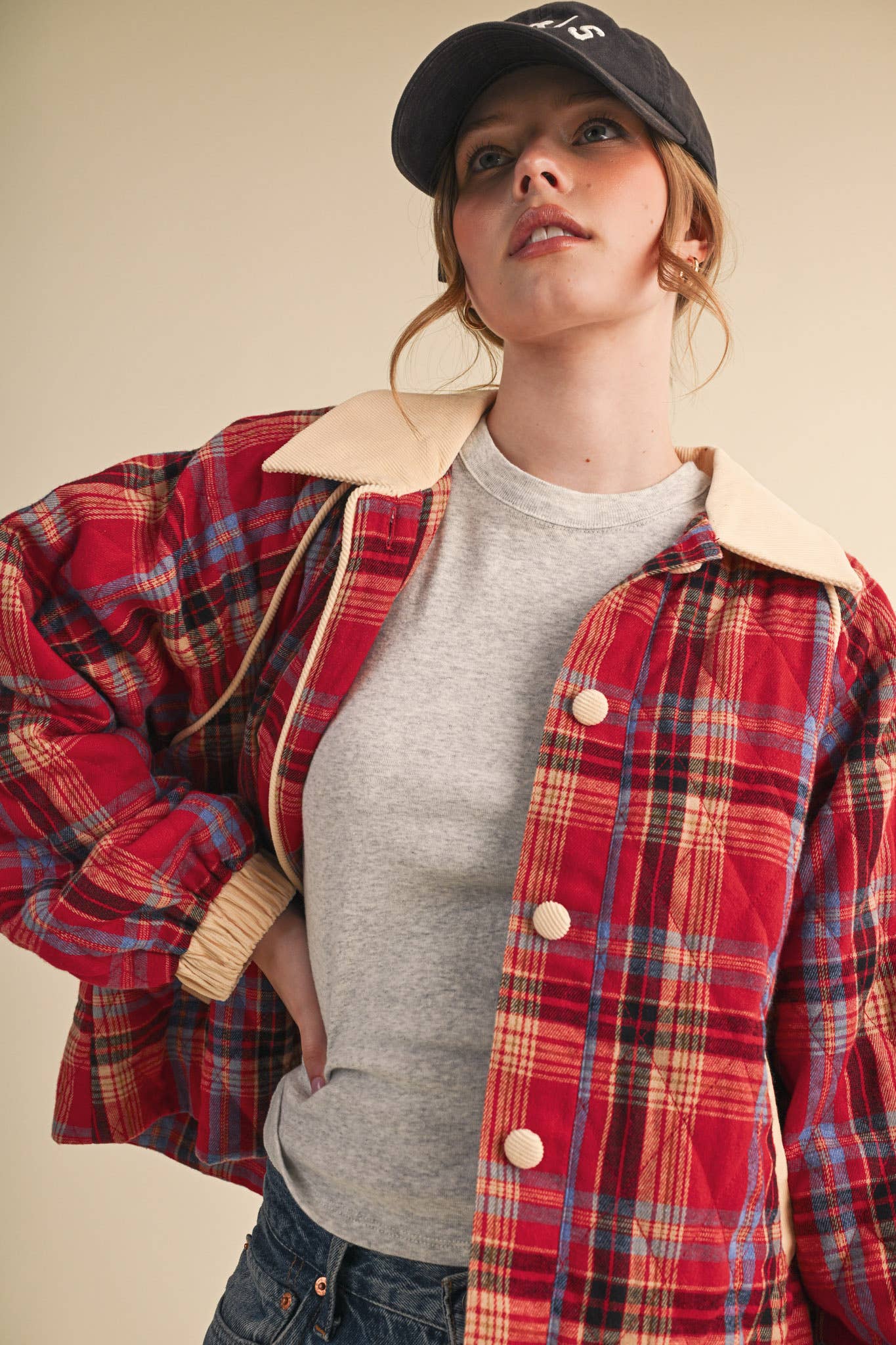 Plaid & Corduroy Contrast Quilted Jacket