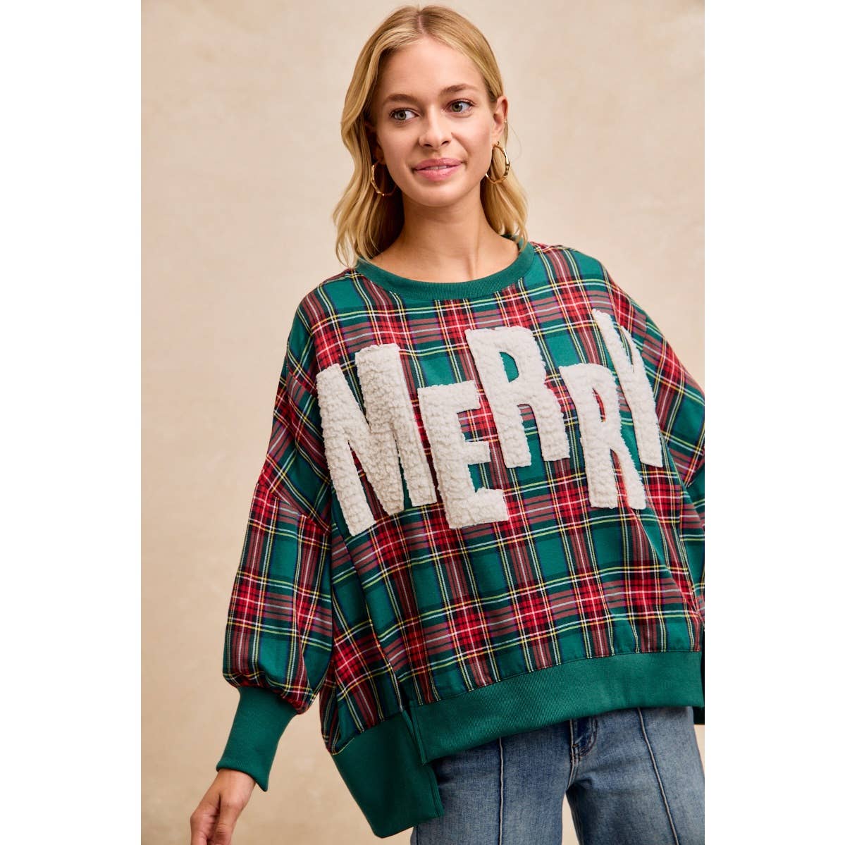 Merry Letter Patches Plaid Sweatshirt