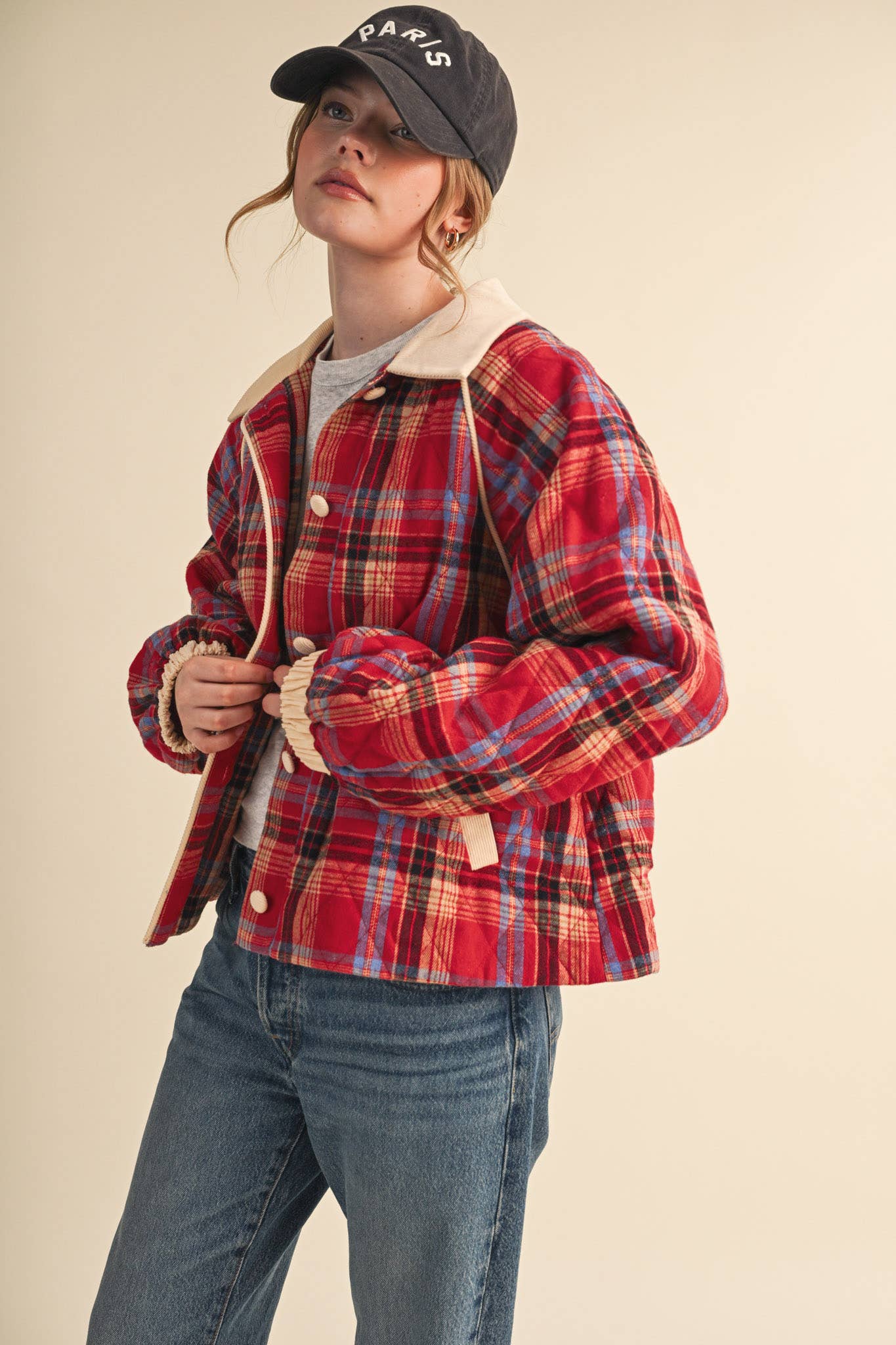 Plaid & Corduroy Contrast Quilted Jacket