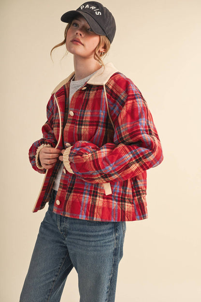 Plaid & Corduroy Contrast Quilted Jacket