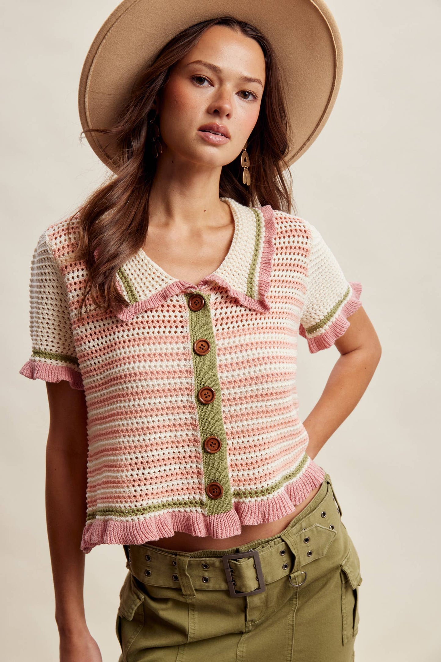 Ruffle Trim Crochet Knit Cardigan Top