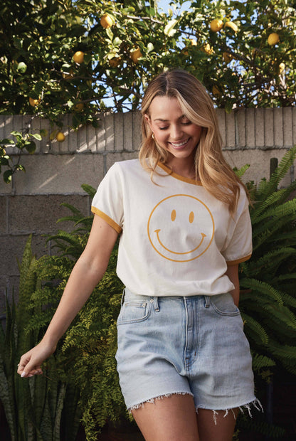 Smiley Face Ringer Graphic T-Shirt