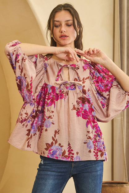 Floral Printed Batwing Sleeve Front Tie Top