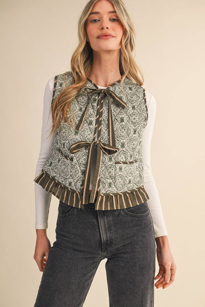 Quilted Block Print Ruffle Vest