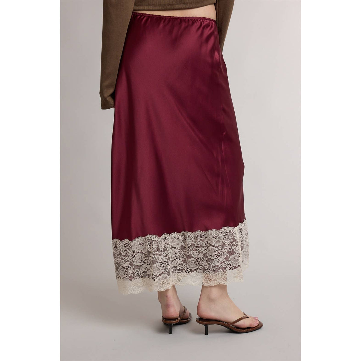 Satin Lace Trim Midi Skirt