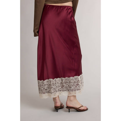 Satin Lace Trim Midi Skirt