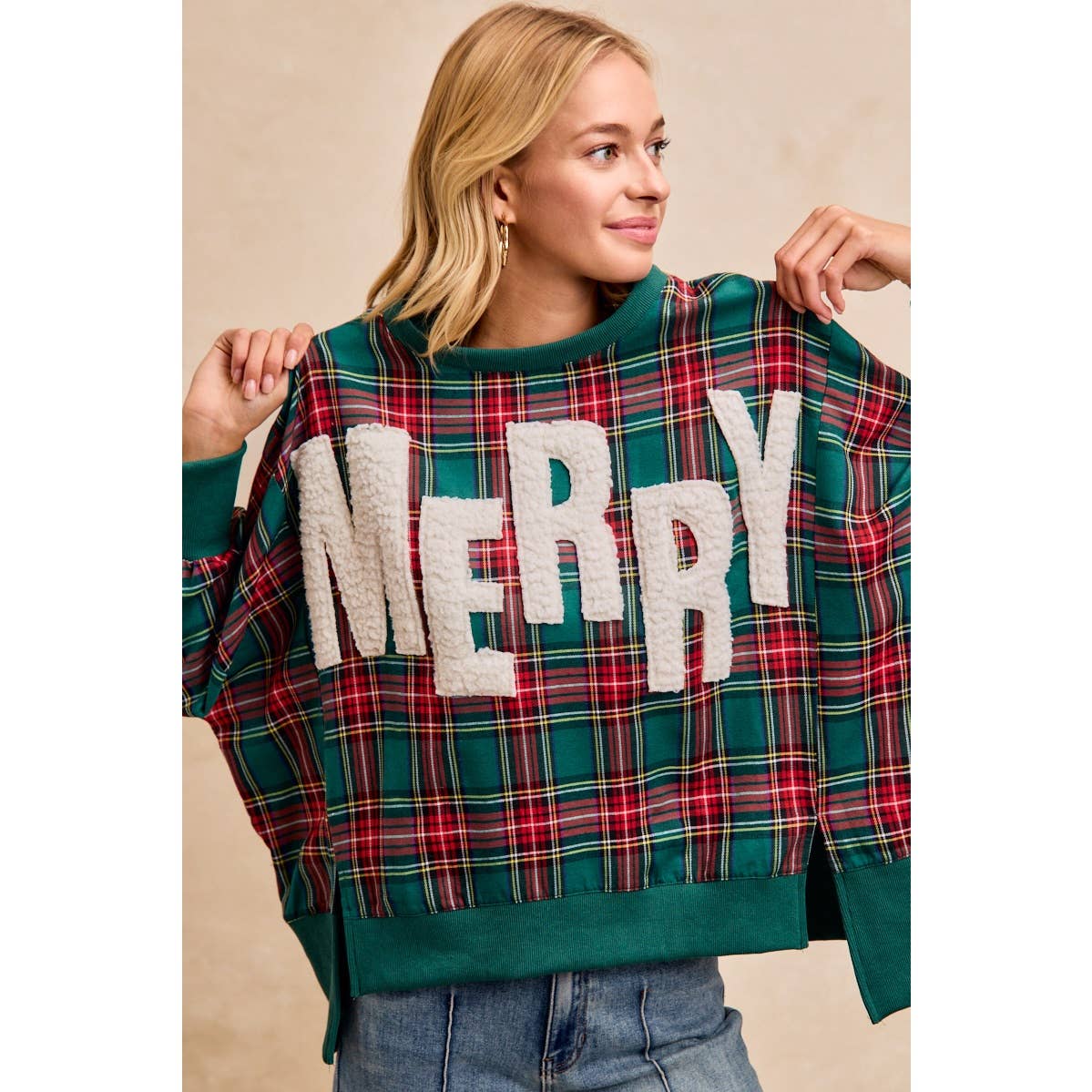 Merry Letter Patches Plaid Sweatshirt