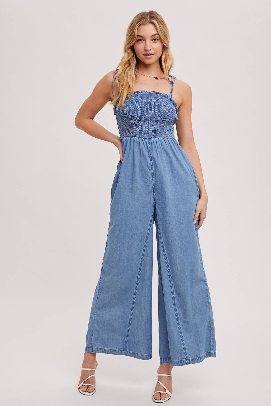 Denim Smocked Jumpsuit