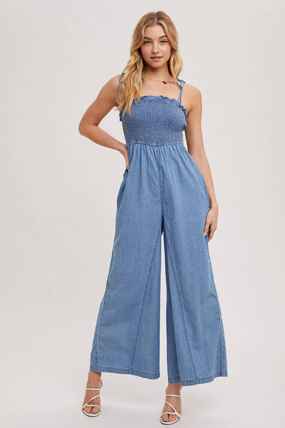 Denim Smocked Jumpsuit
