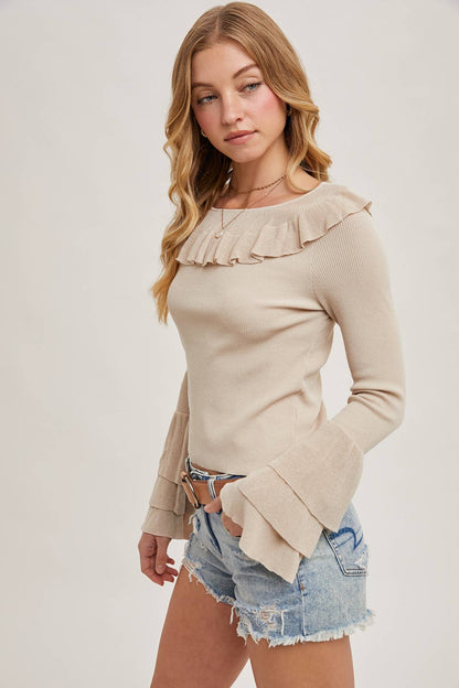 Ruffle Trim Neck and Sleeve Knit Pullover Top