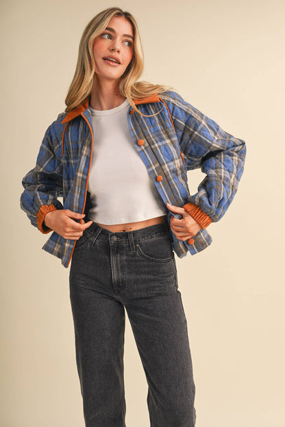 Plaid & Corduroy Contrast Quilted Jacket