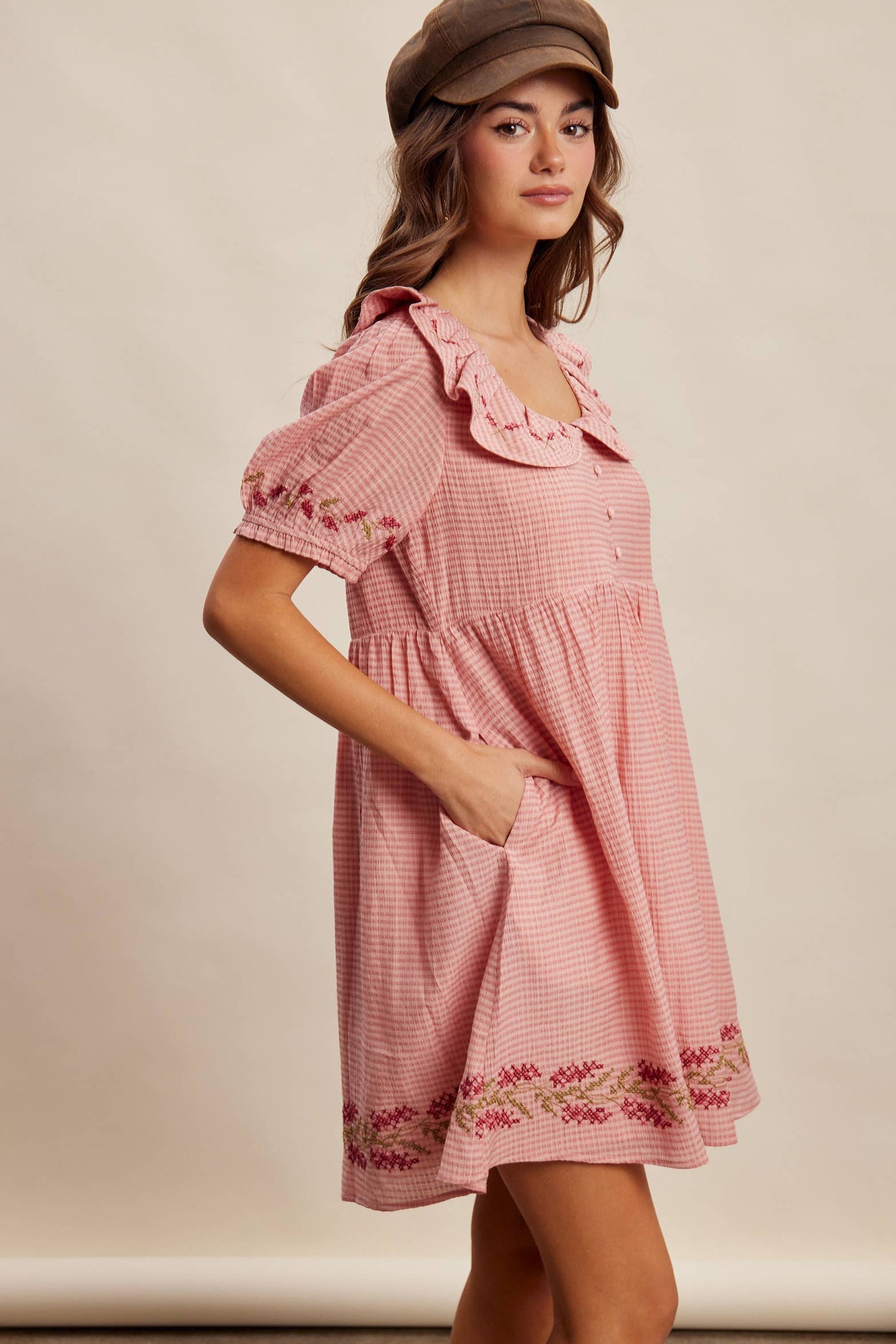 Embroidered Ruffle Collar Textured Gingham Dress