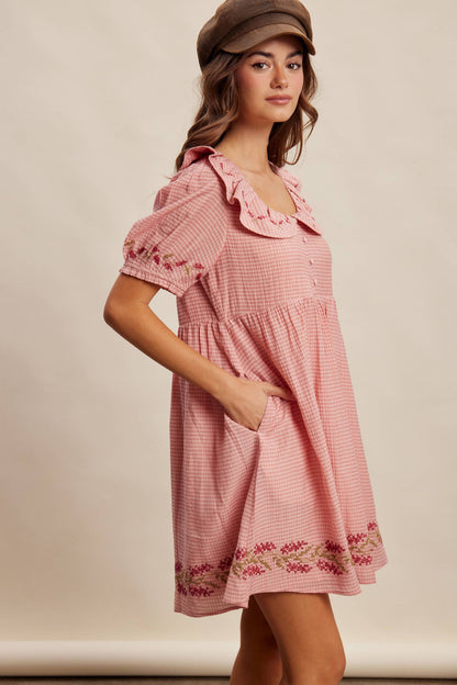 Embroidered Ruffle Collar Textured Gingham Dress