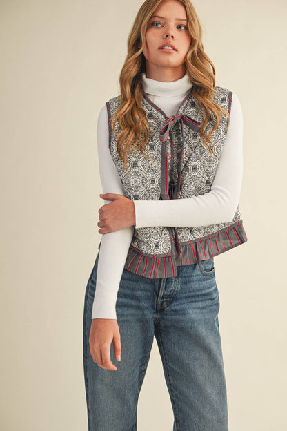 Quilted Block Print Ruffle Vest