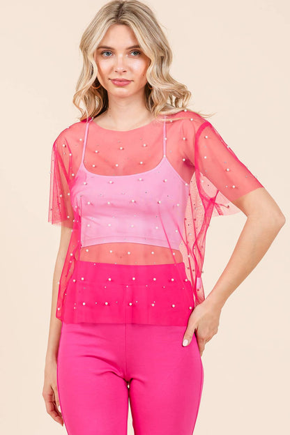 Rhinestone & Pearl Mesh Top