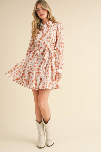 Floral Embroidery Button Down Flared Mini Dress