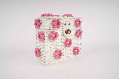 Wicker Bucket Daisy Flower Purse: Navy + White Daisy