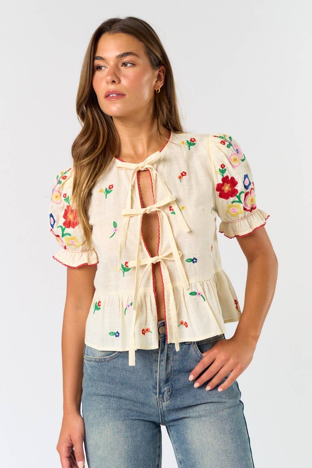 Tie Front Embroidered Short Sleeve