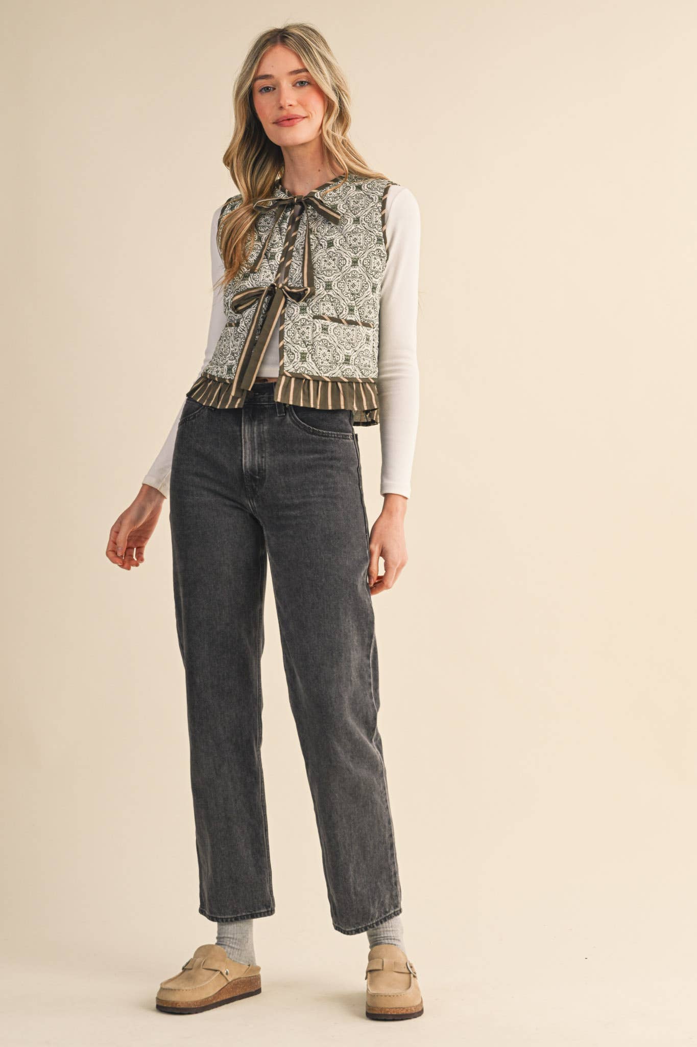 Quilted Block Print Ruffle Vest