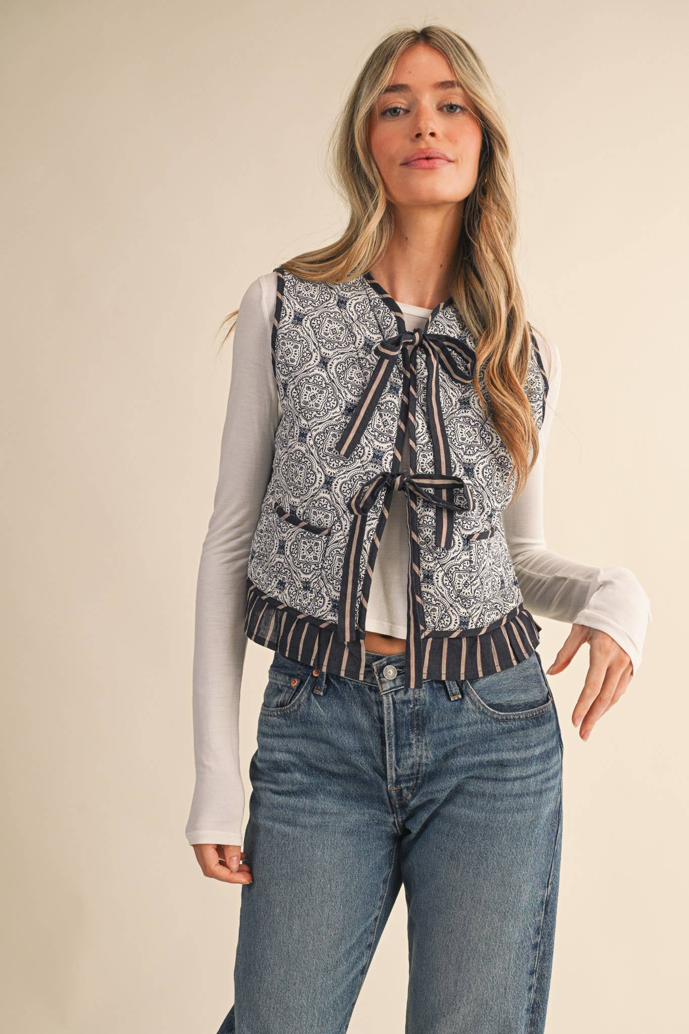 Quilted Block Print Ruffle Vest