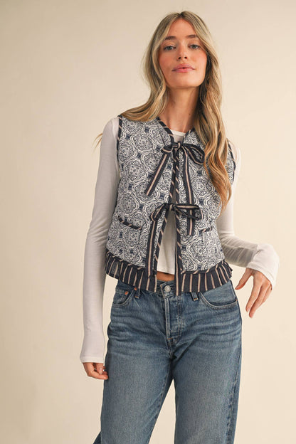 Quilted Block Print Ruffle Vest
