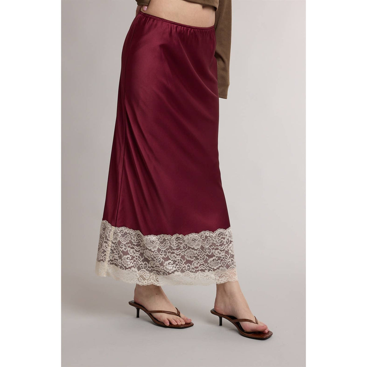 Satin Lace Trim Midi Skirt