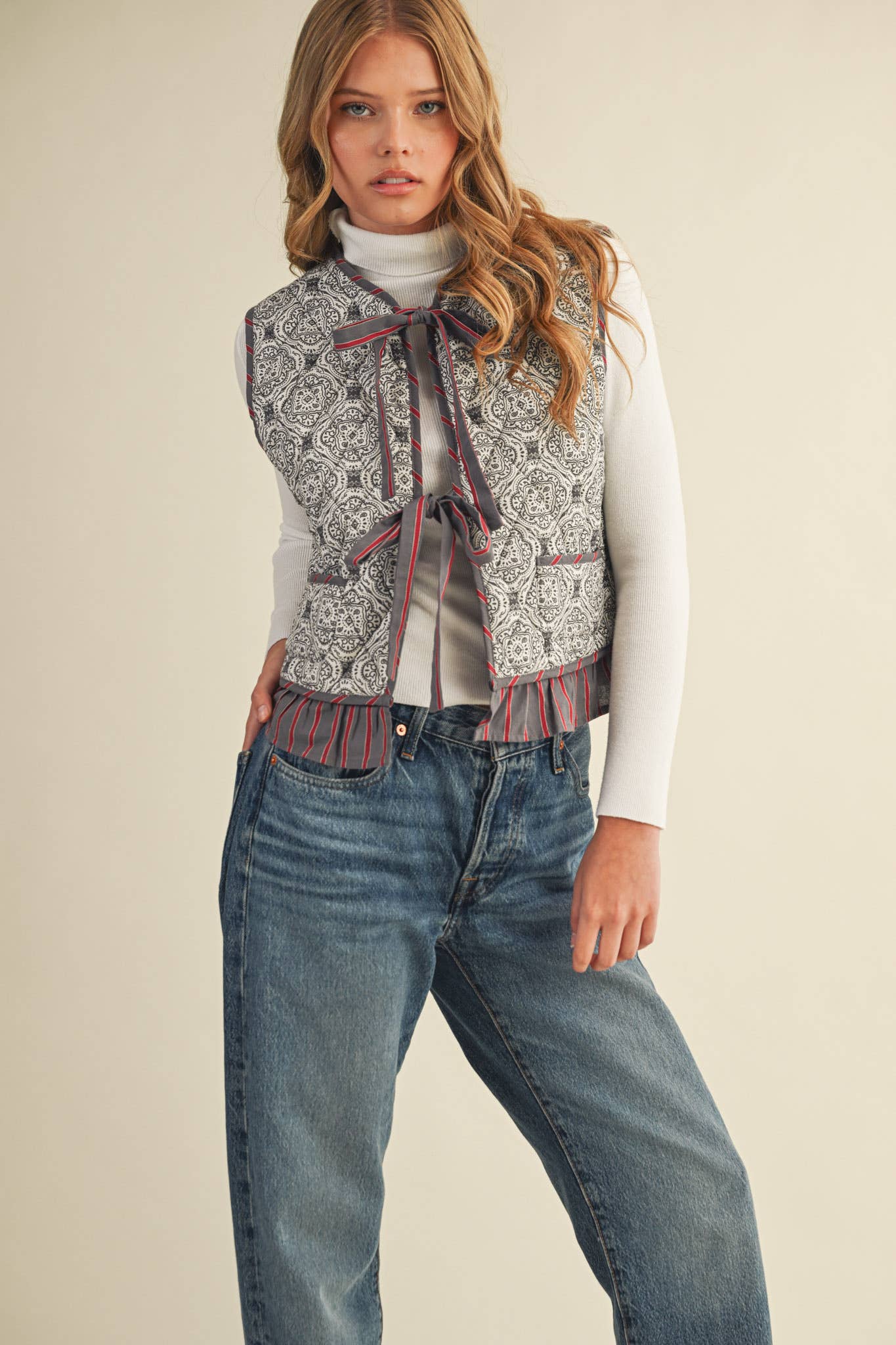 Quilted Block Print Ruffle Vest