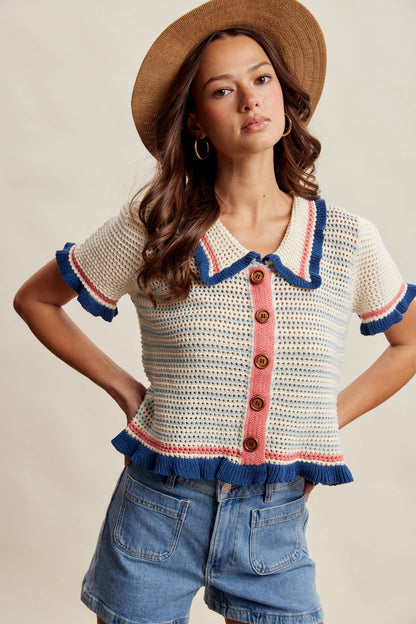 Ruffle Trim Crochet Knit Cardigan Top