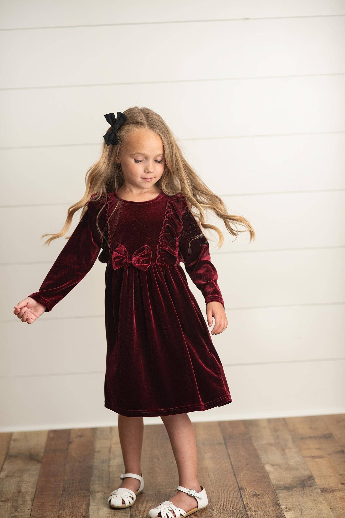 Kids Burgundy Wine Velvet Bow Ruffle Holiday Party Dress