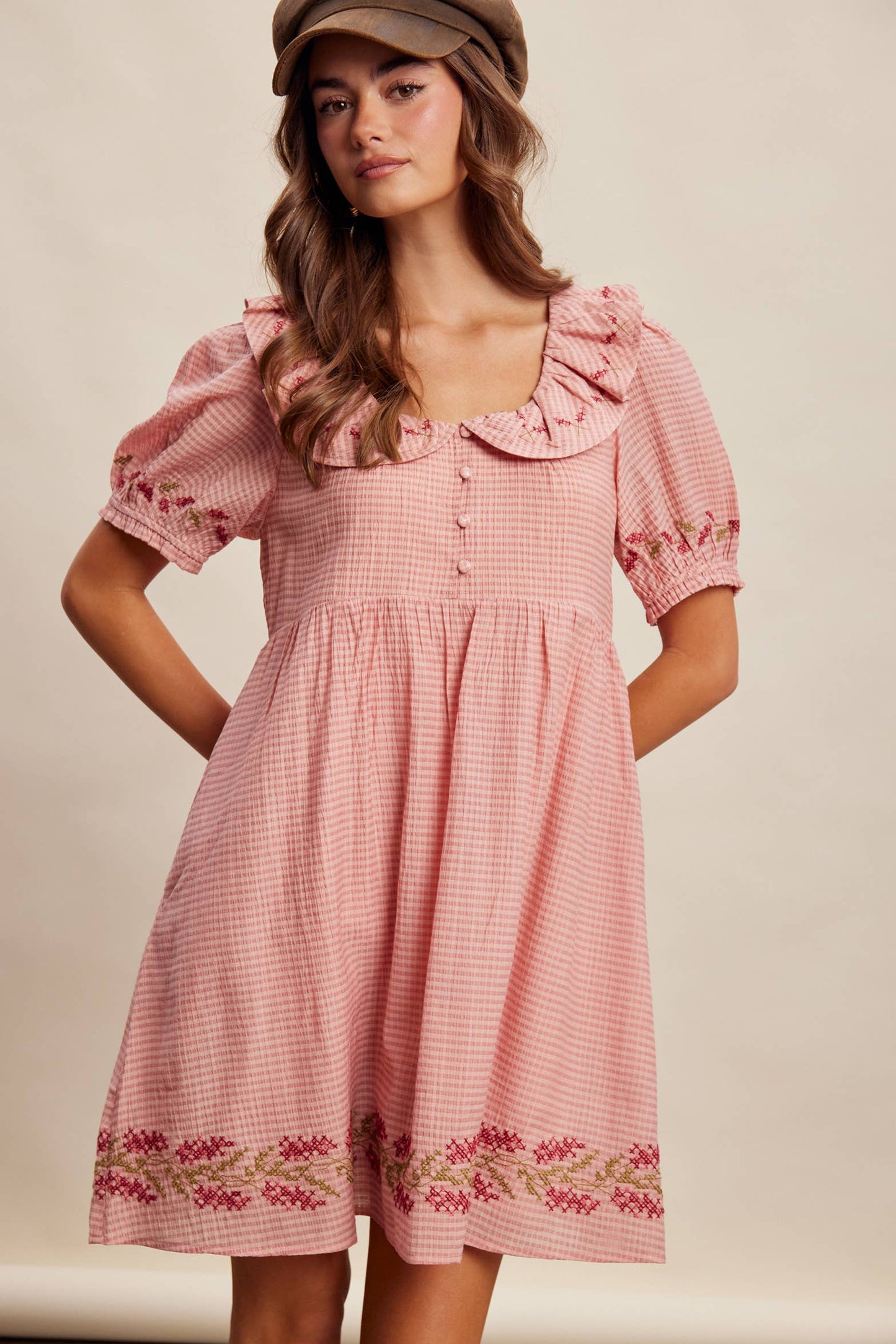 Embroidered Ruffle Collar Textured Gingham Dress