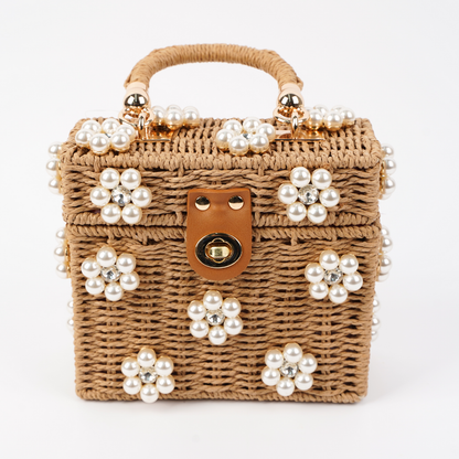 Wicker Bucket Daisy Flower Purse: White + Blue Daisy / Yellow Rhinestone