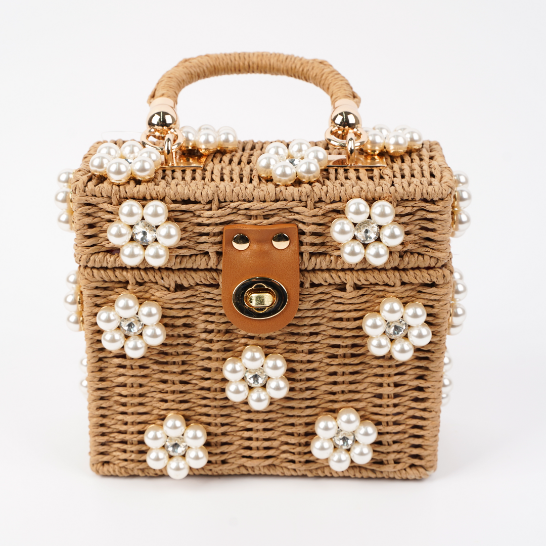 Wicker Bucket Daisy Flower Purse: White Purse + Red Daisy / Yellow Rhinestone