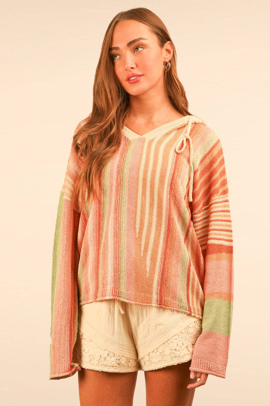 Multi Color Stripe Summer Knit Sweater Hoodie Top