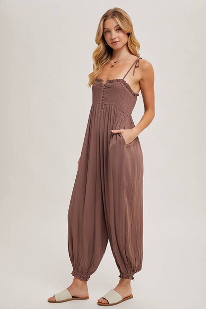 Gauze Smocked Button Front Jumpsuit