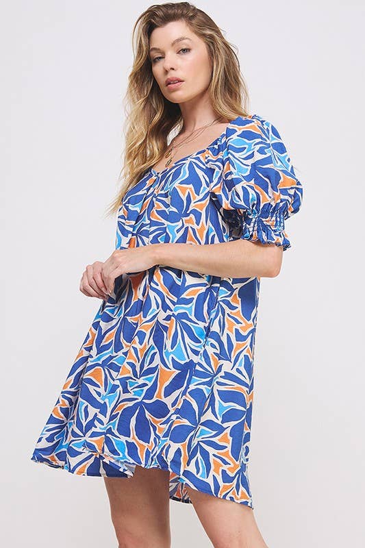 Short Puff Sleeve Tropical Print V-Neck Short Dress