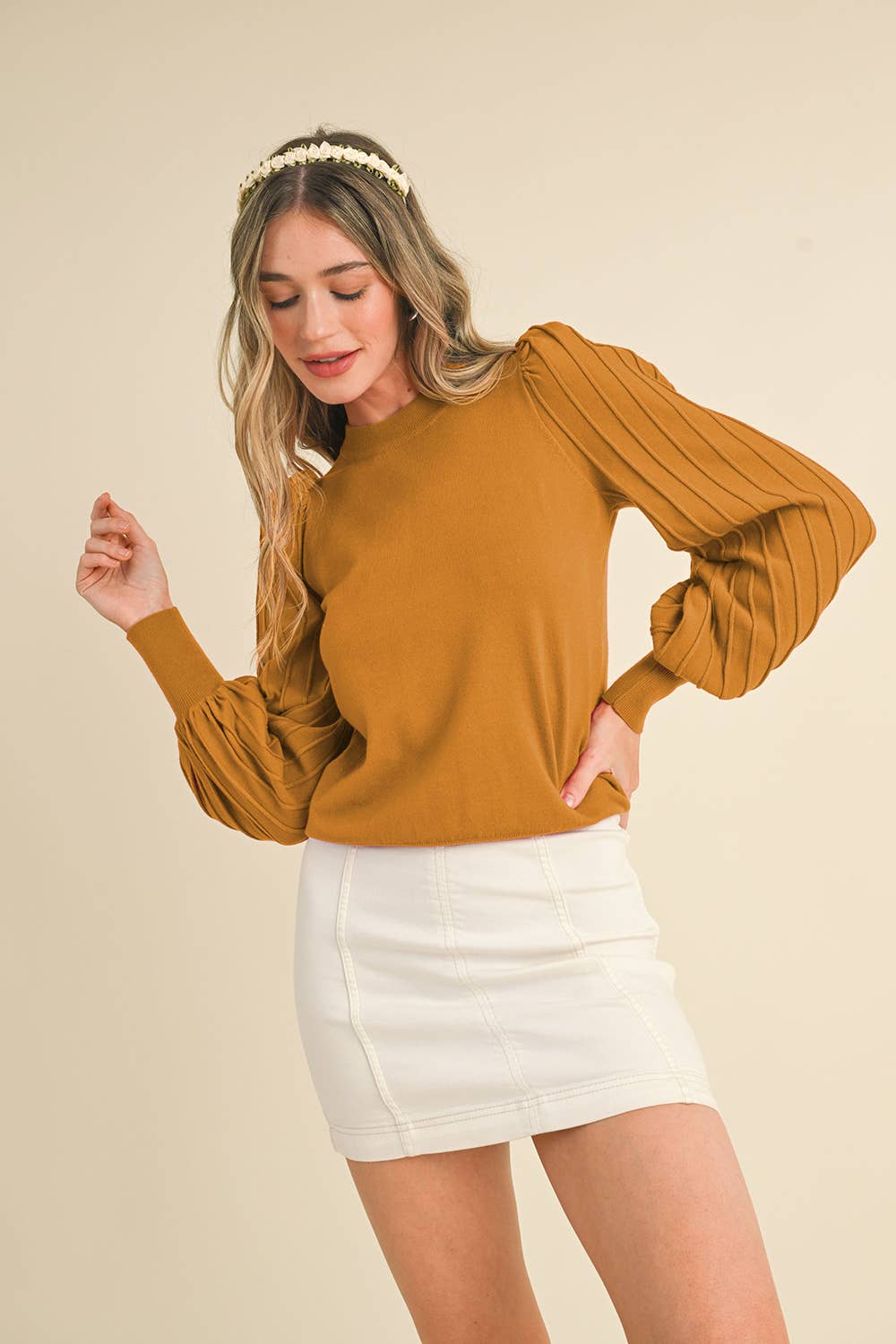 Striped Texture Puff Sleeve Sweater