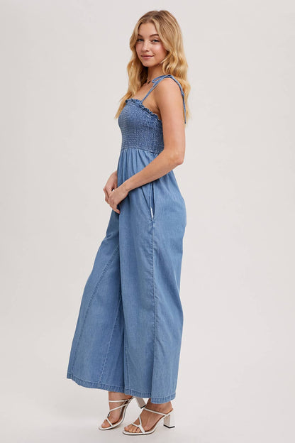 Denim Smocked Jumpsuit