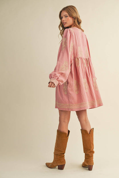Embroidered Puff Sleeve Mini Dress