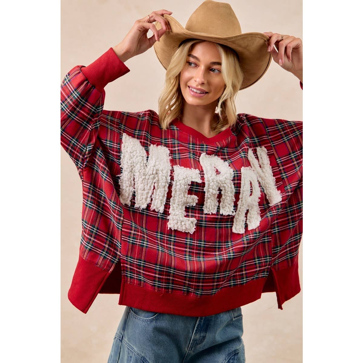 Merry Letter Patches Plaid Sweatshirt