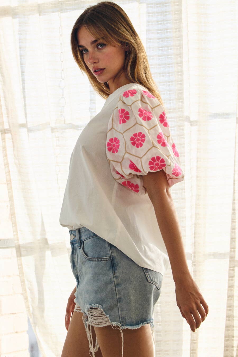 Embroidered Sleeve V-Neck Blouse
