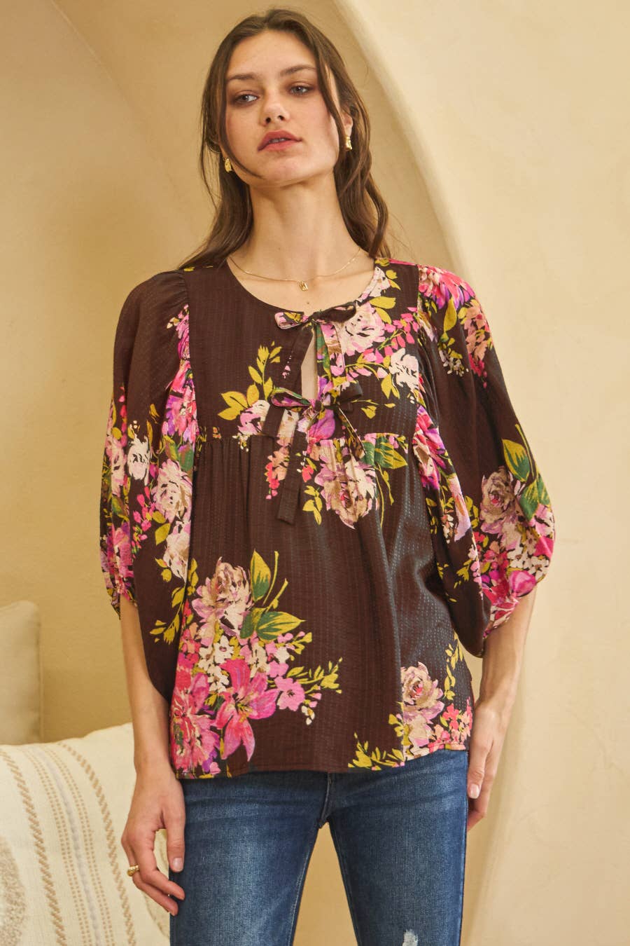 Floral Printed Batwing Sleeve Front Tie Top