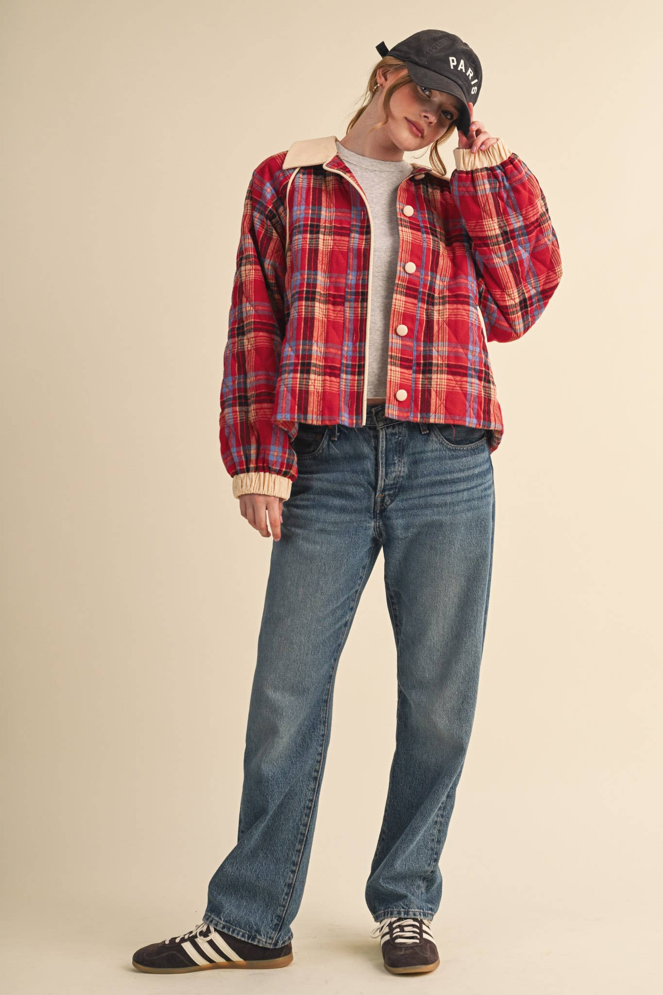 Plaid & Corduroy Contrast Quilted Jacket