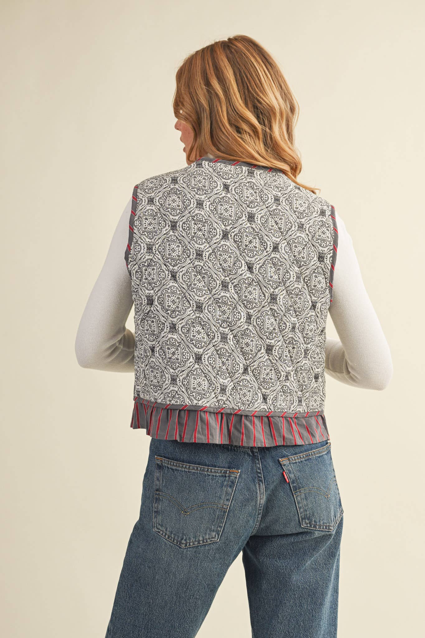Quilted Block Print Ruffle Vest