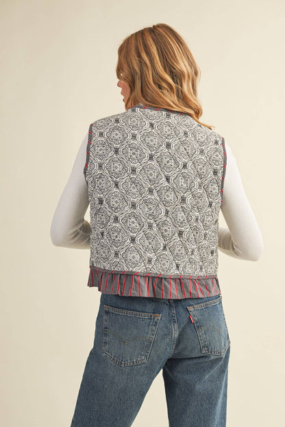 Quilted Block Print Ruffle Vest