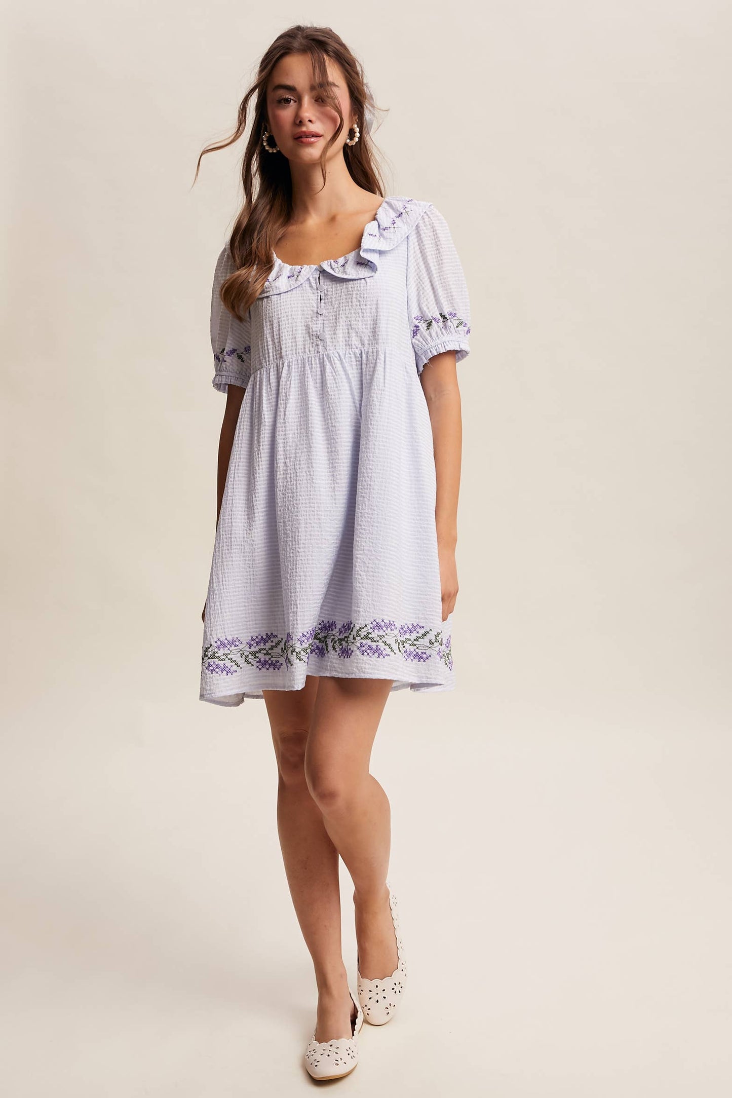 Embroidered Ruffle Collar Textured Gingham Dress