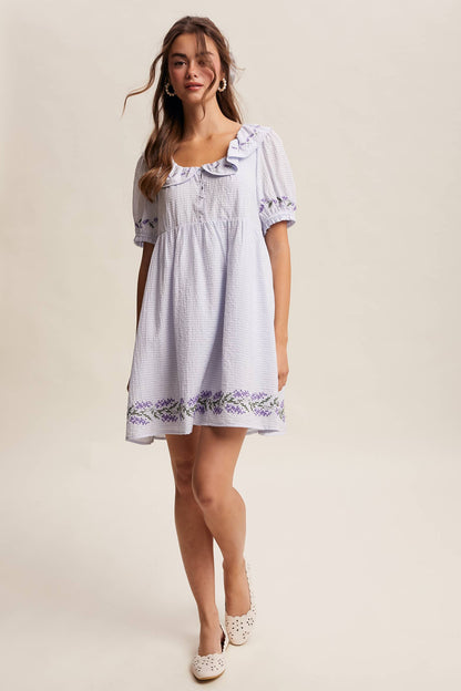 Embroidered Ruffle Collar Textured Gingham Dress