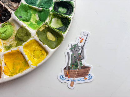 Cat Fisherman Vinyl Sticker - Outdoorsman Gift